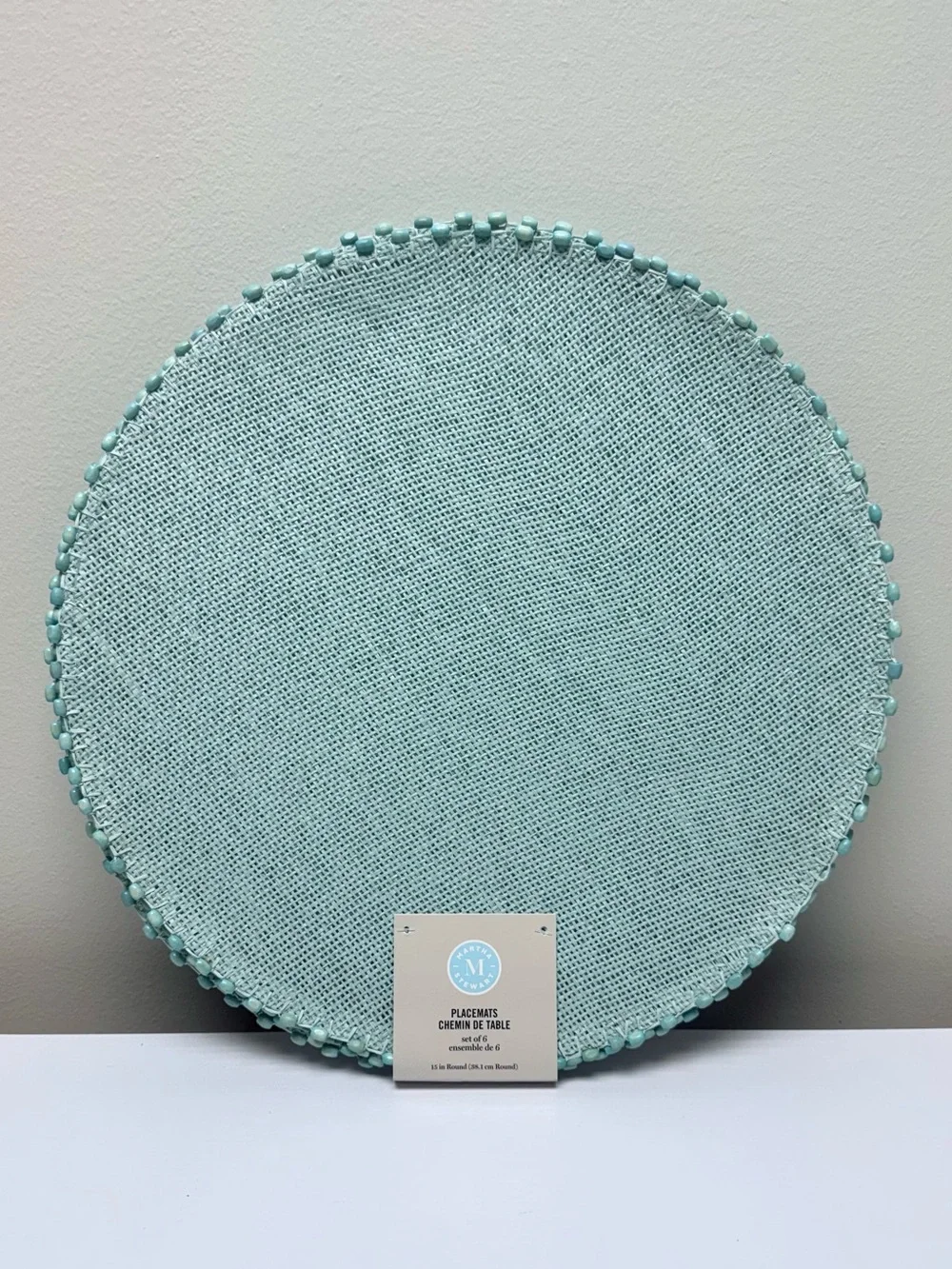 Set of 6 Martha Stewart Round Mint Green 15” Placemats, Wooden Beads on edge